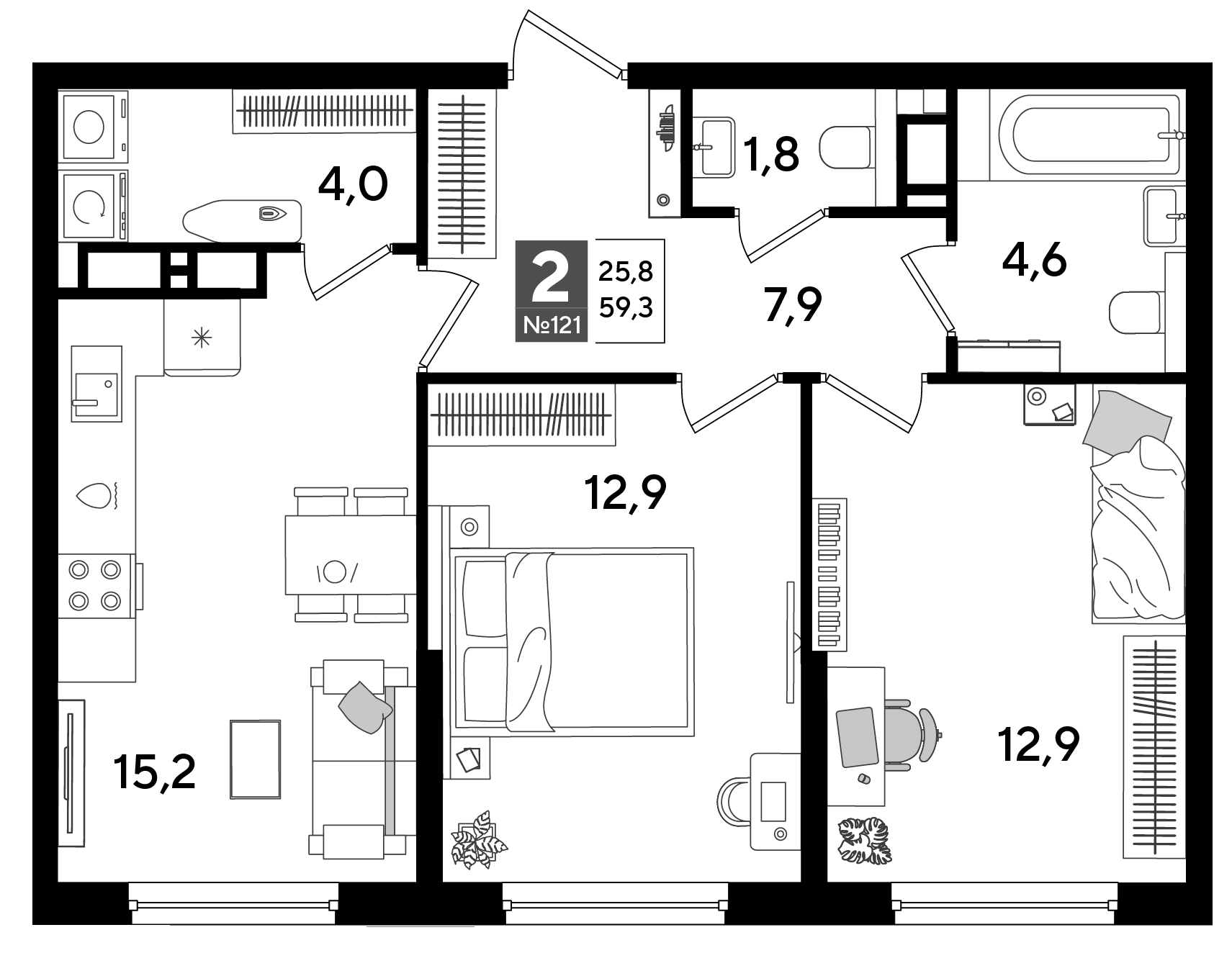 Планировка: 2-комн. квартира 59,3 м²