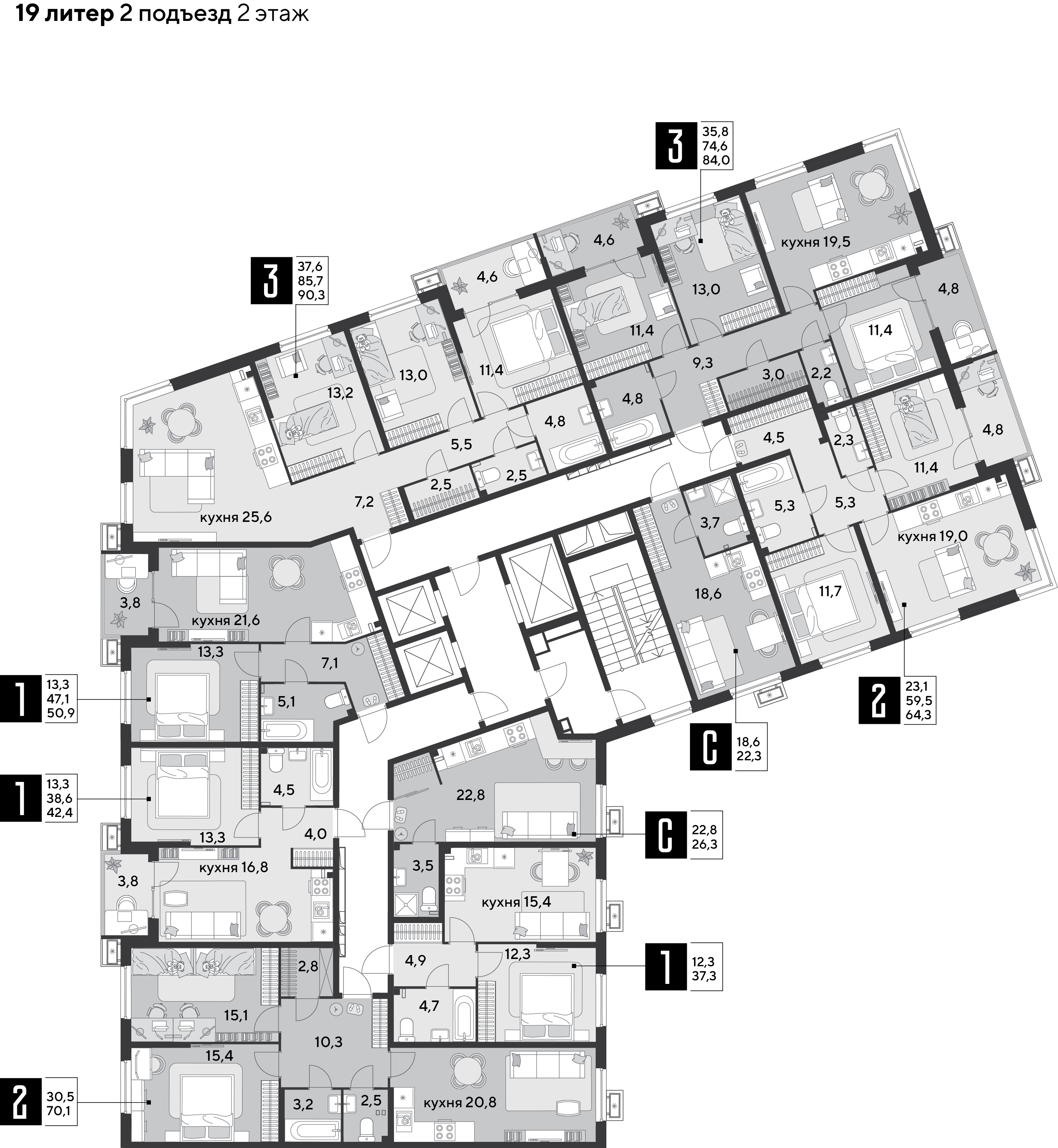 План 2 этажа, Литер 19, подъезд 2