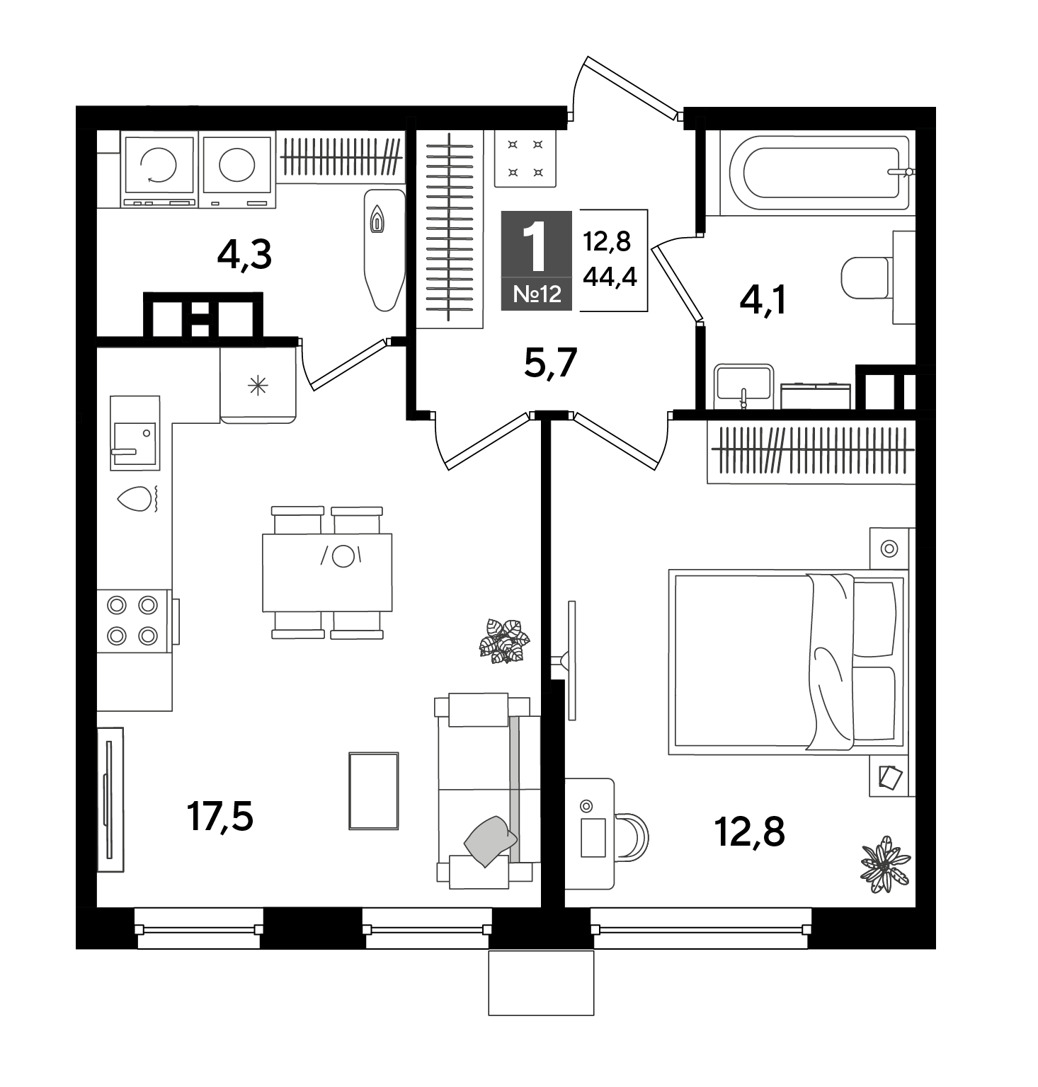 Планировка: 1-комн. квартира 44,4 м²