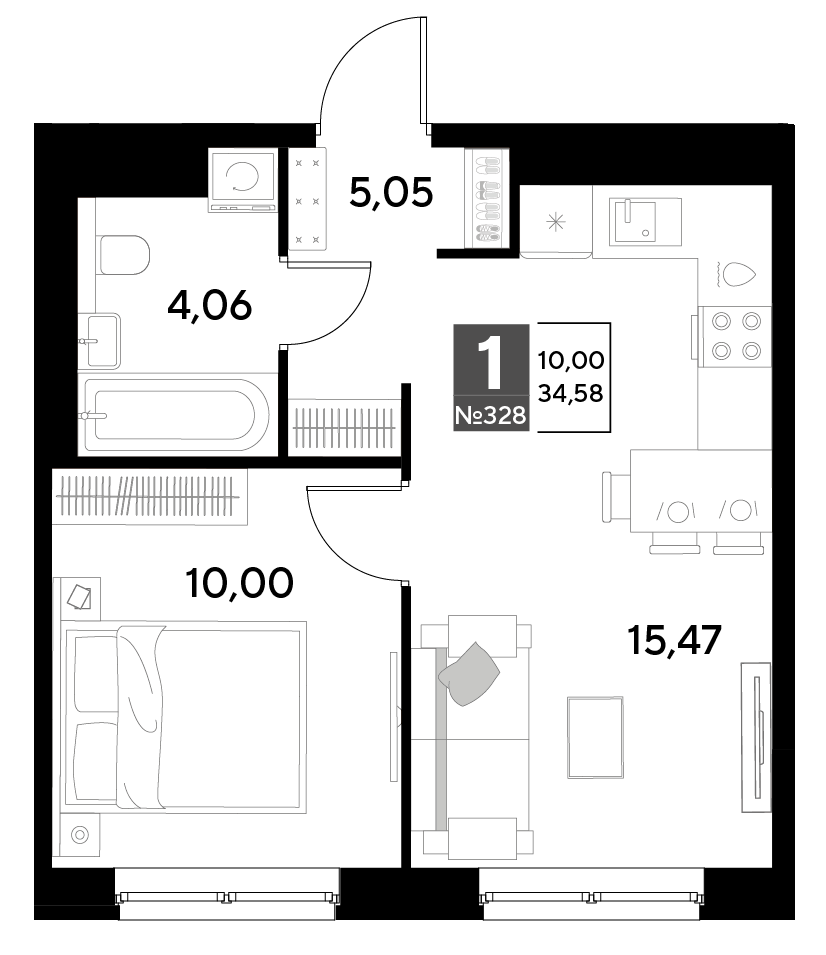 Планировка 1-комнатная 34,58 м²