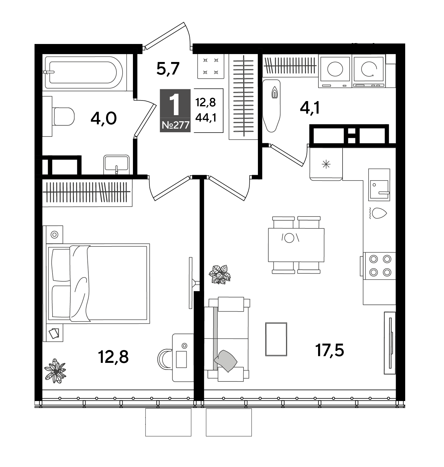 Планировка: 1-комн. квартира 44,1 м²