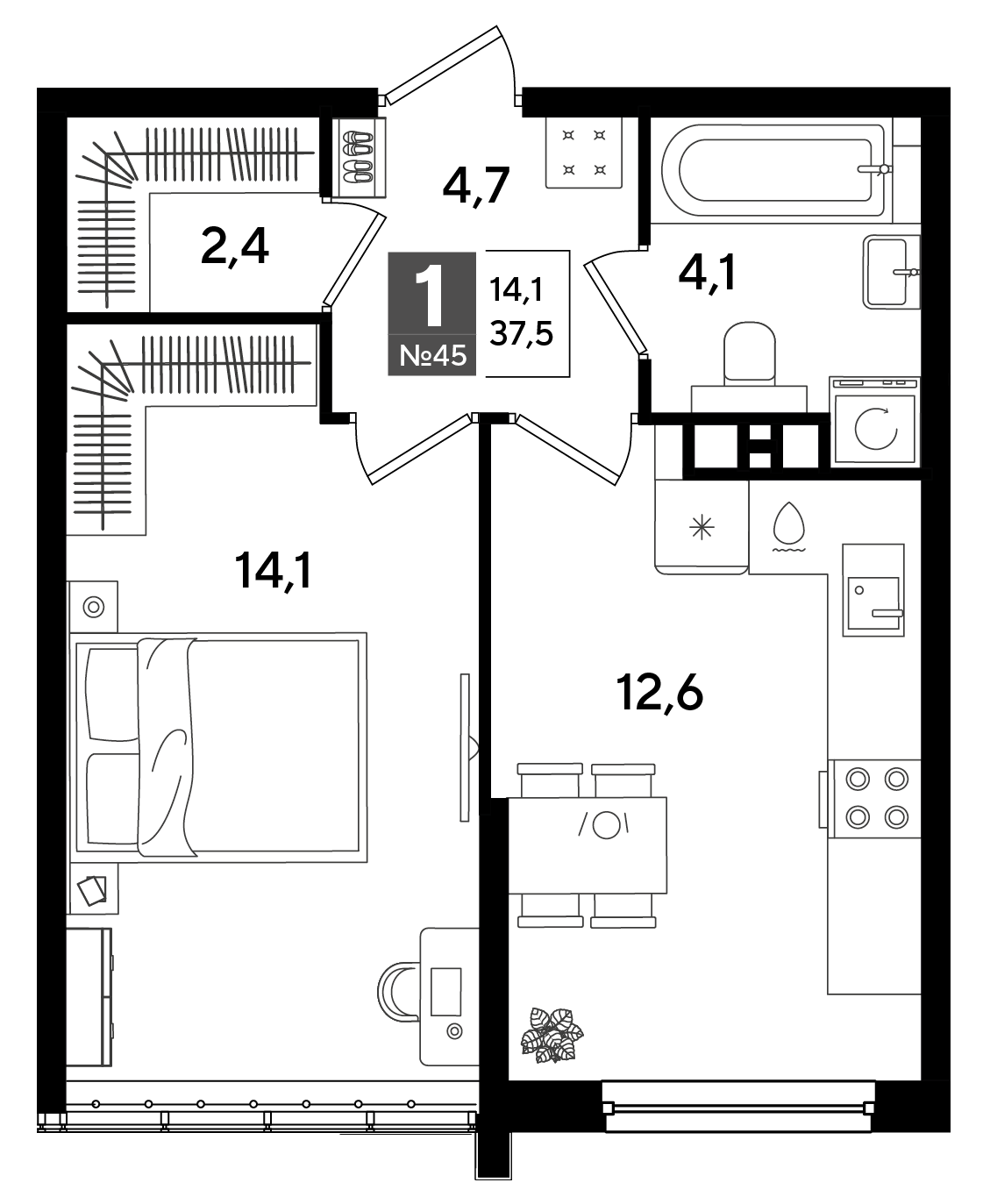 Планировка: 1-комн. квартира 37,5 м²