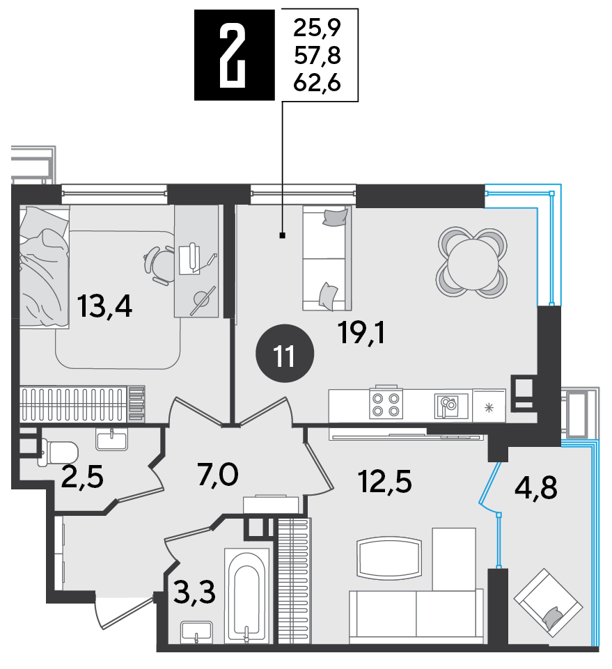 Планировка: 2-комн. квартира 62,6 м²