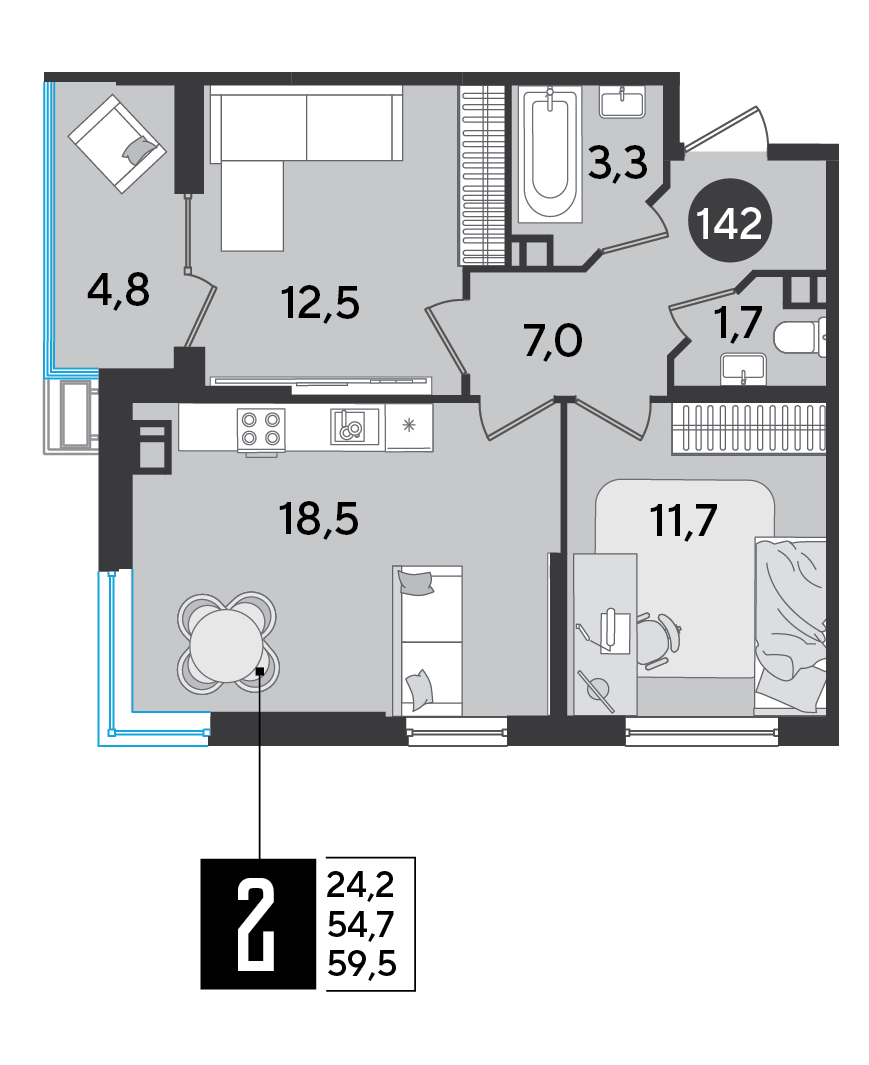 Планировка: 2-комн. квартира 59,5 м²