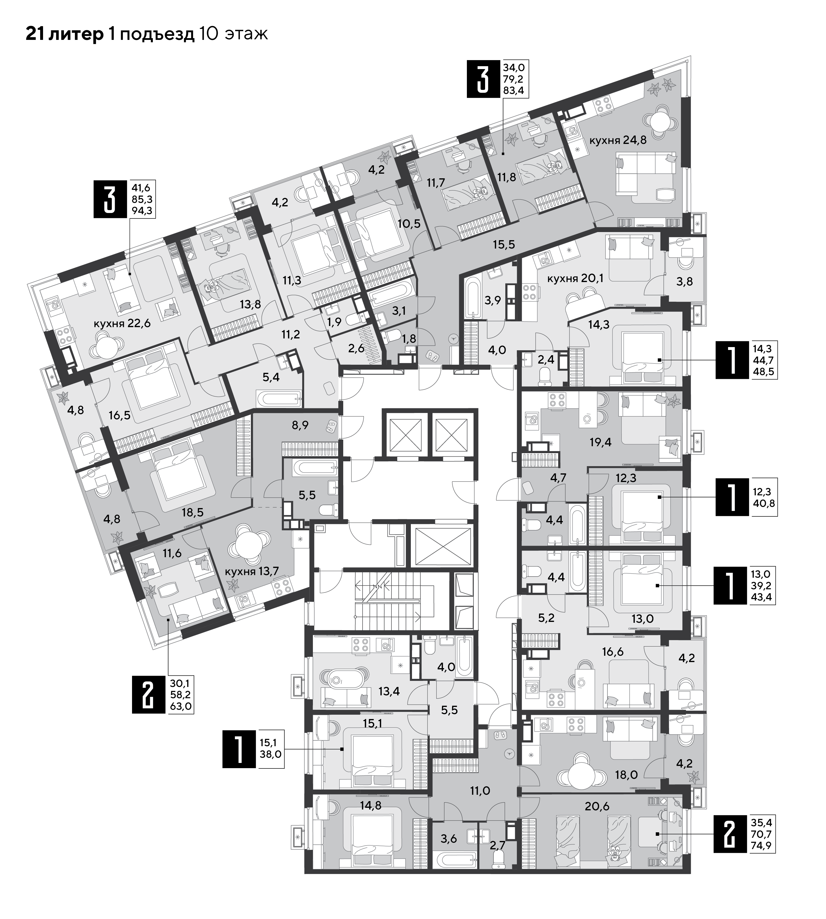 План 10 этажа, Литер 21, подъезд 1