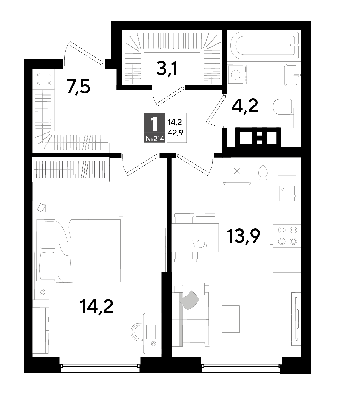 Планировка: 1-комн. квартира 42,9 м²