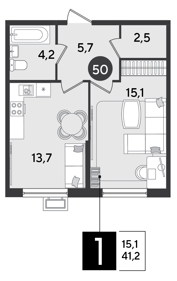 Планировка: 1-комн. квартира 41,2 м²