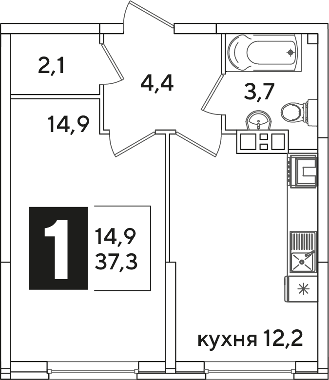 Планировка: 1-комн. квартира 37,3 м²