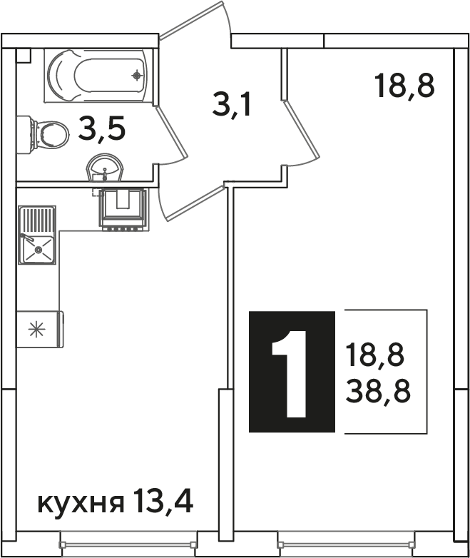 Планировка 1-комнатная 38,8 м²