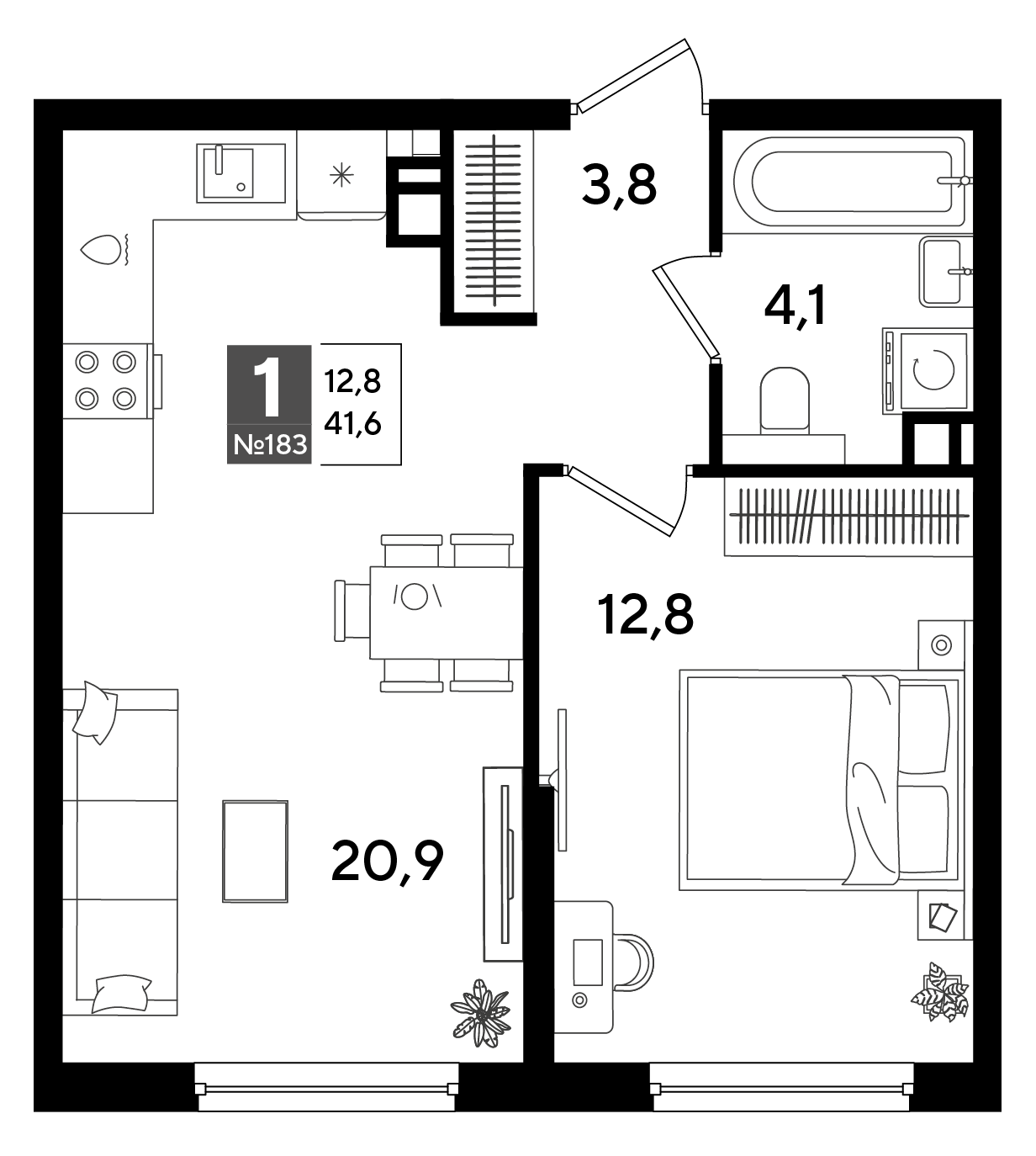 Планировка: 1-комн. квартира 41,6 м²