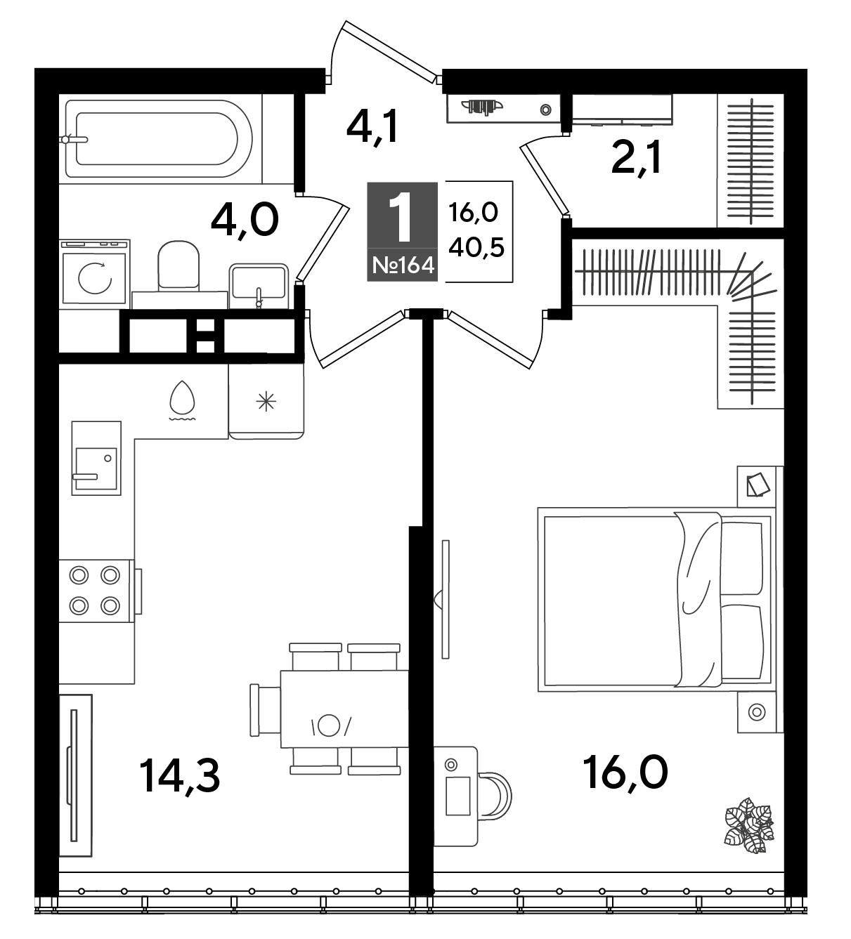 Планировка: 1-комн. квартира 40,5 м²