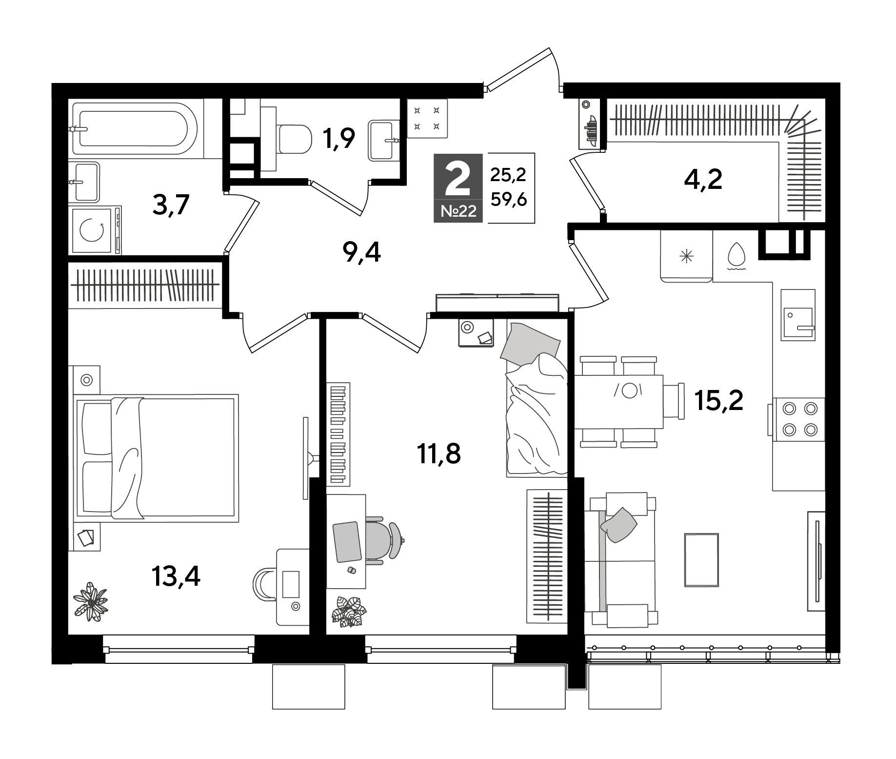 Планировка: 2-комн. квартира 59,6 м²