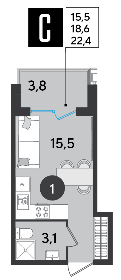 Планировка: Студия 22,4 м²