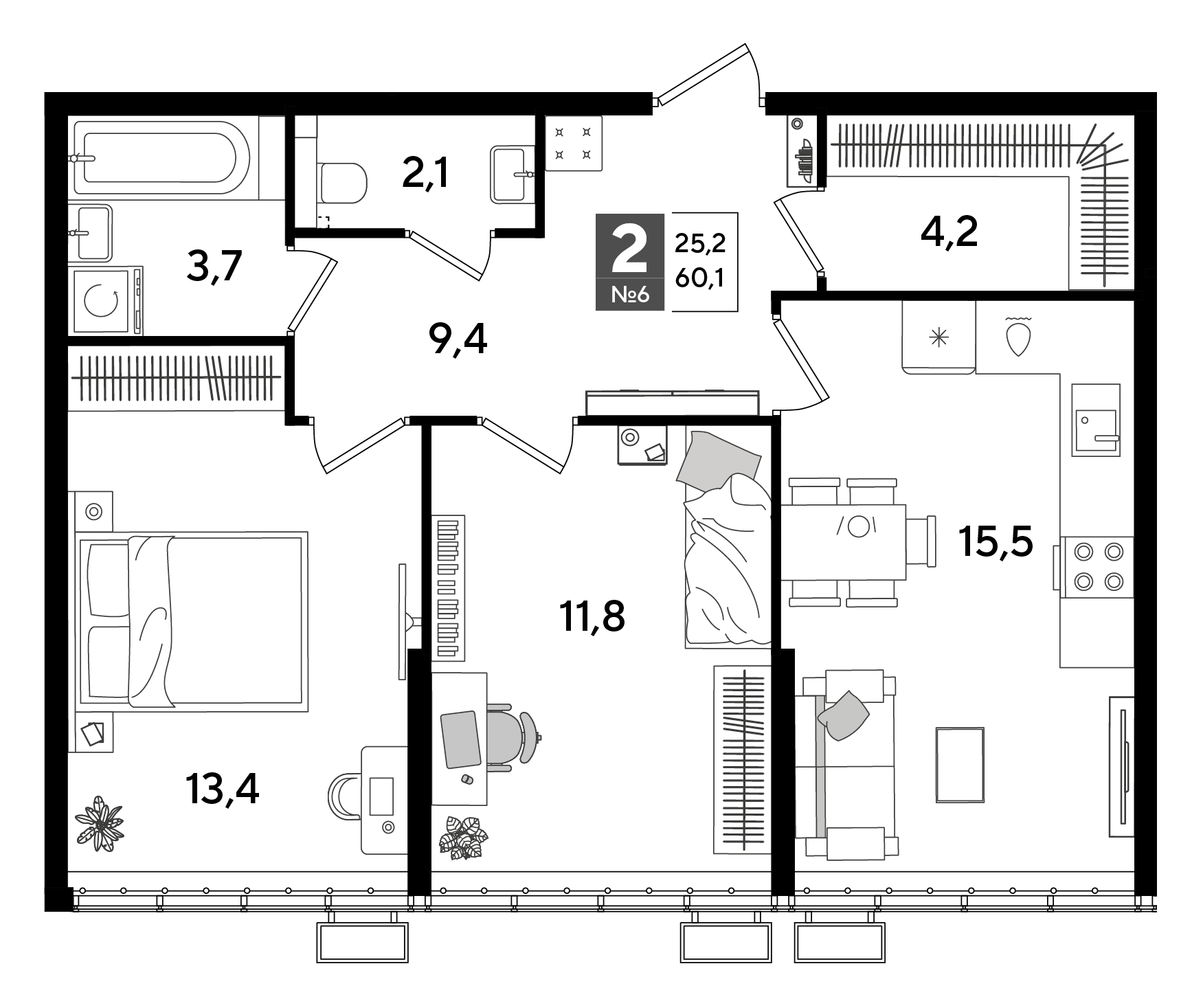 Планировка: 2-комн. квартира 60,1 м²