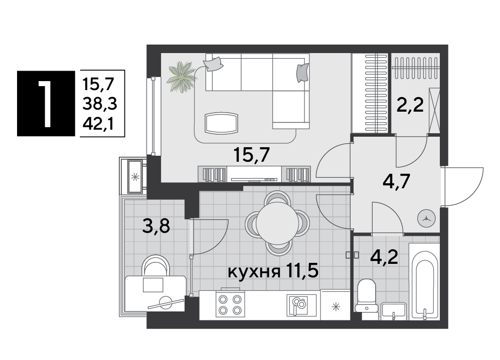 Планировка: 1-комн. квартира 42,1 м²