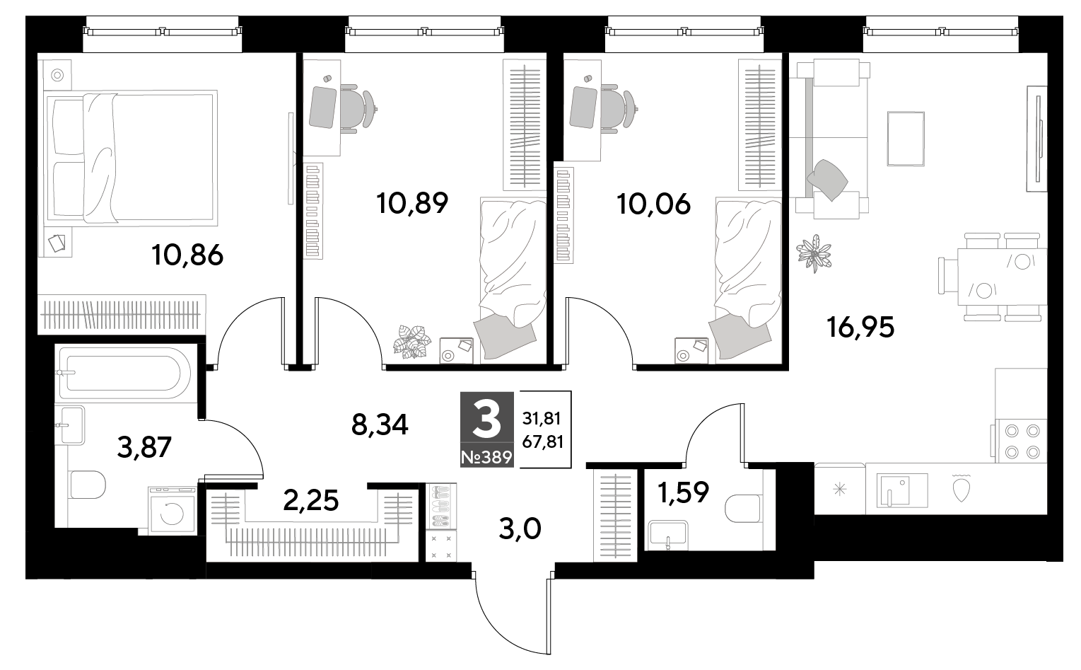 Планировка 3-комнатная 67,81 м²