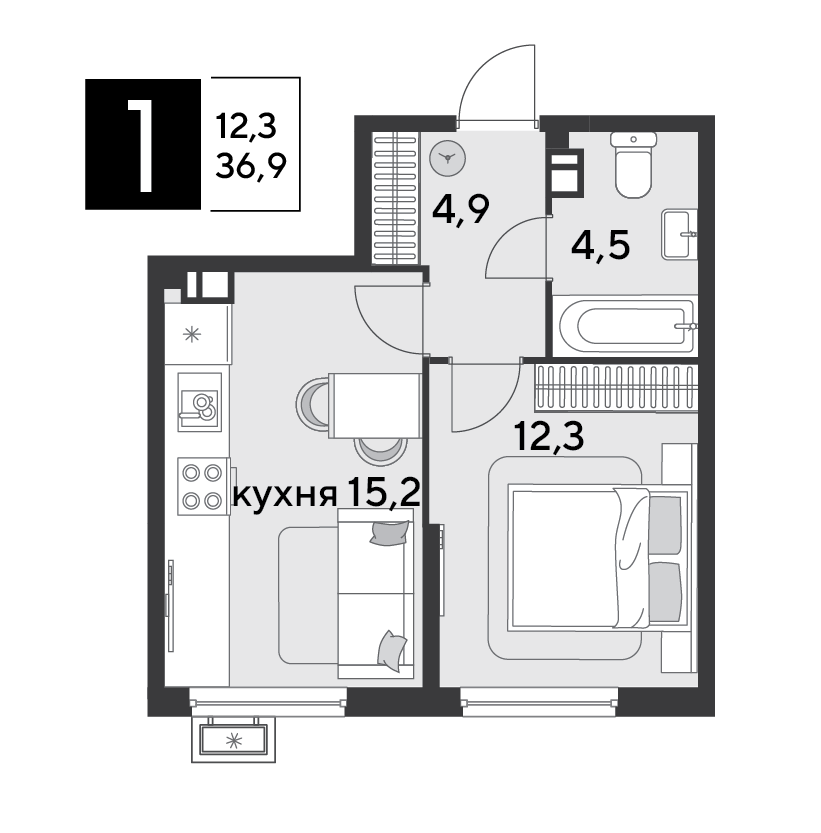 Планировка: 1-комн. квартира 36,9 м²