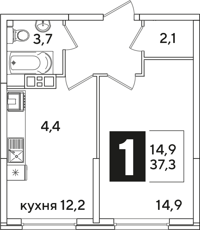 Планировка: 1-комн. квартира 37,3 м²