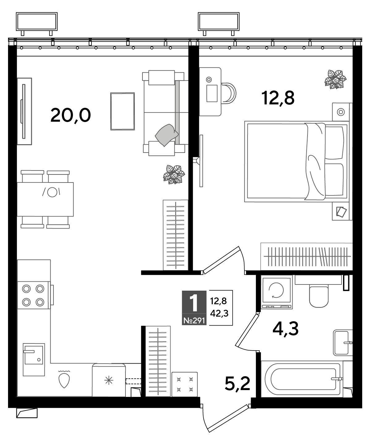Планировка: 1-комн. квартира 42,3 м²