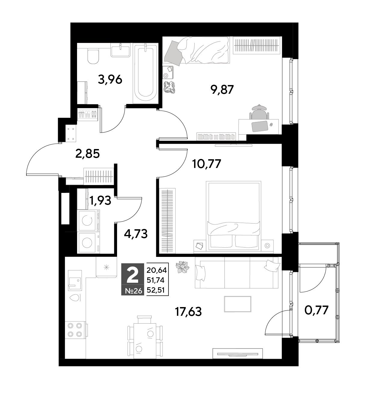 Планировка 2-комнатная 52,51 м²