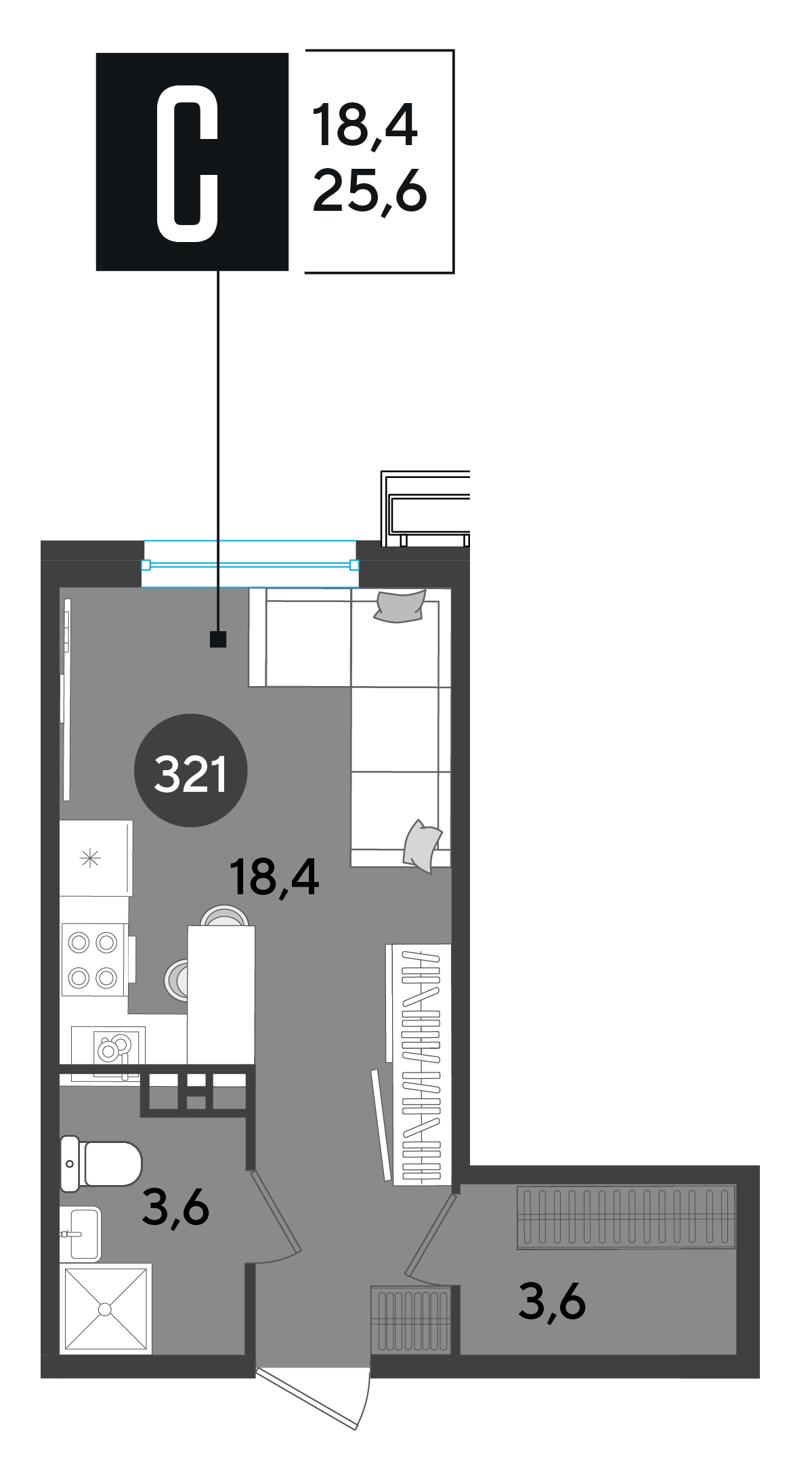 Планировка: Студия 25,6 м²