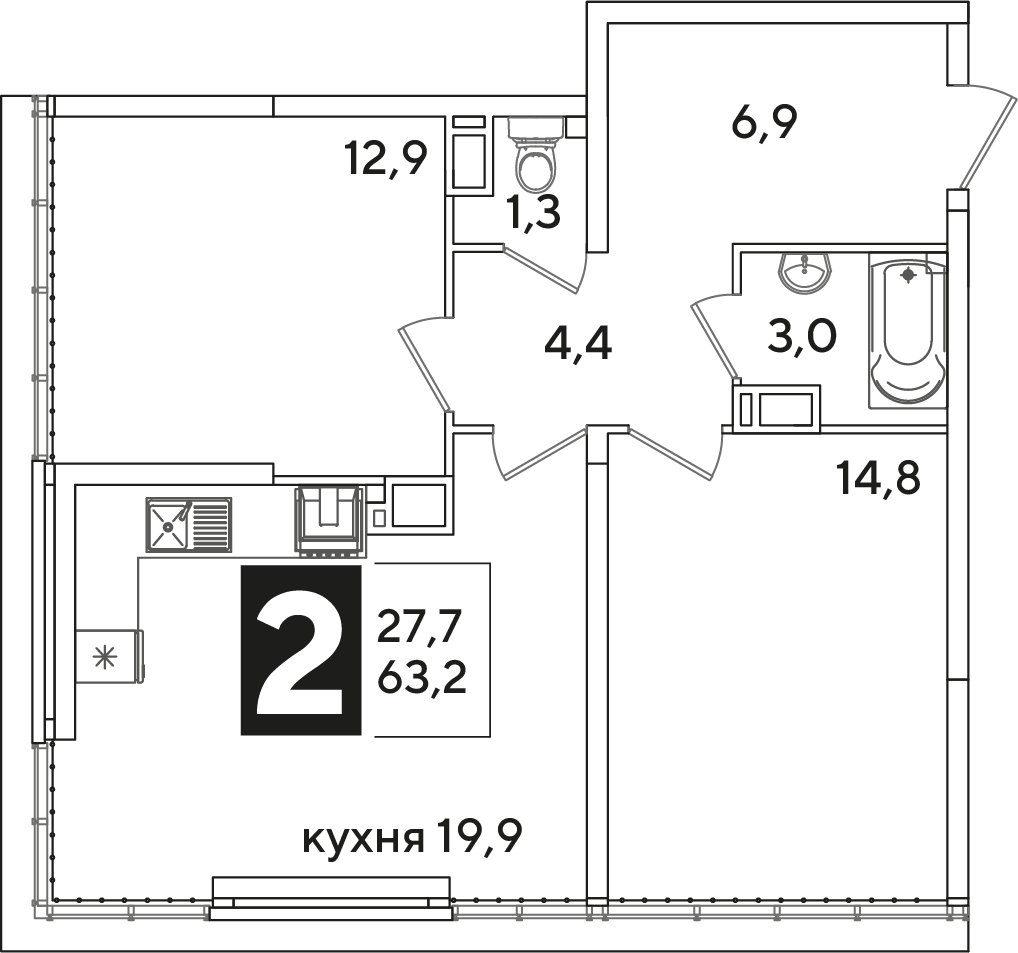 Планировка: 2-комн. квартира 63,2 м²