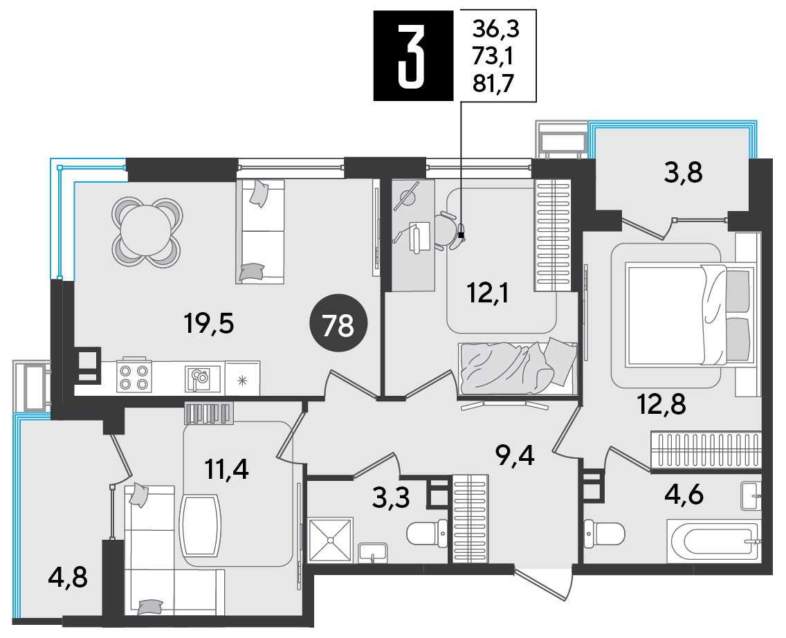 Планировка 3-комнатная 81,7 м²
