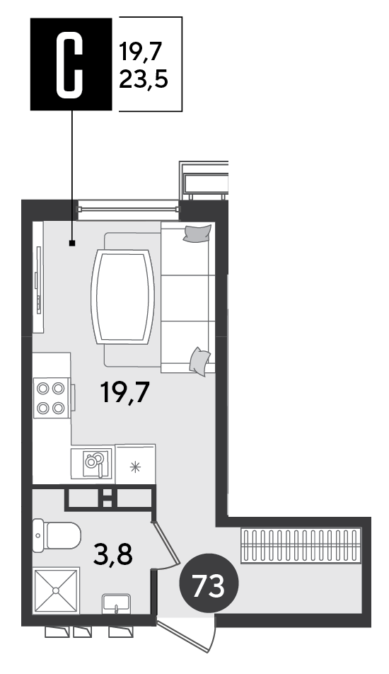 Планировка Студия 23,5 м²