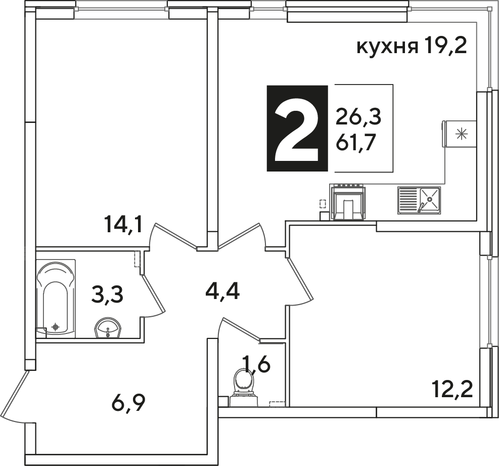 Планировка: 2-комн. квартира 61,7 м²