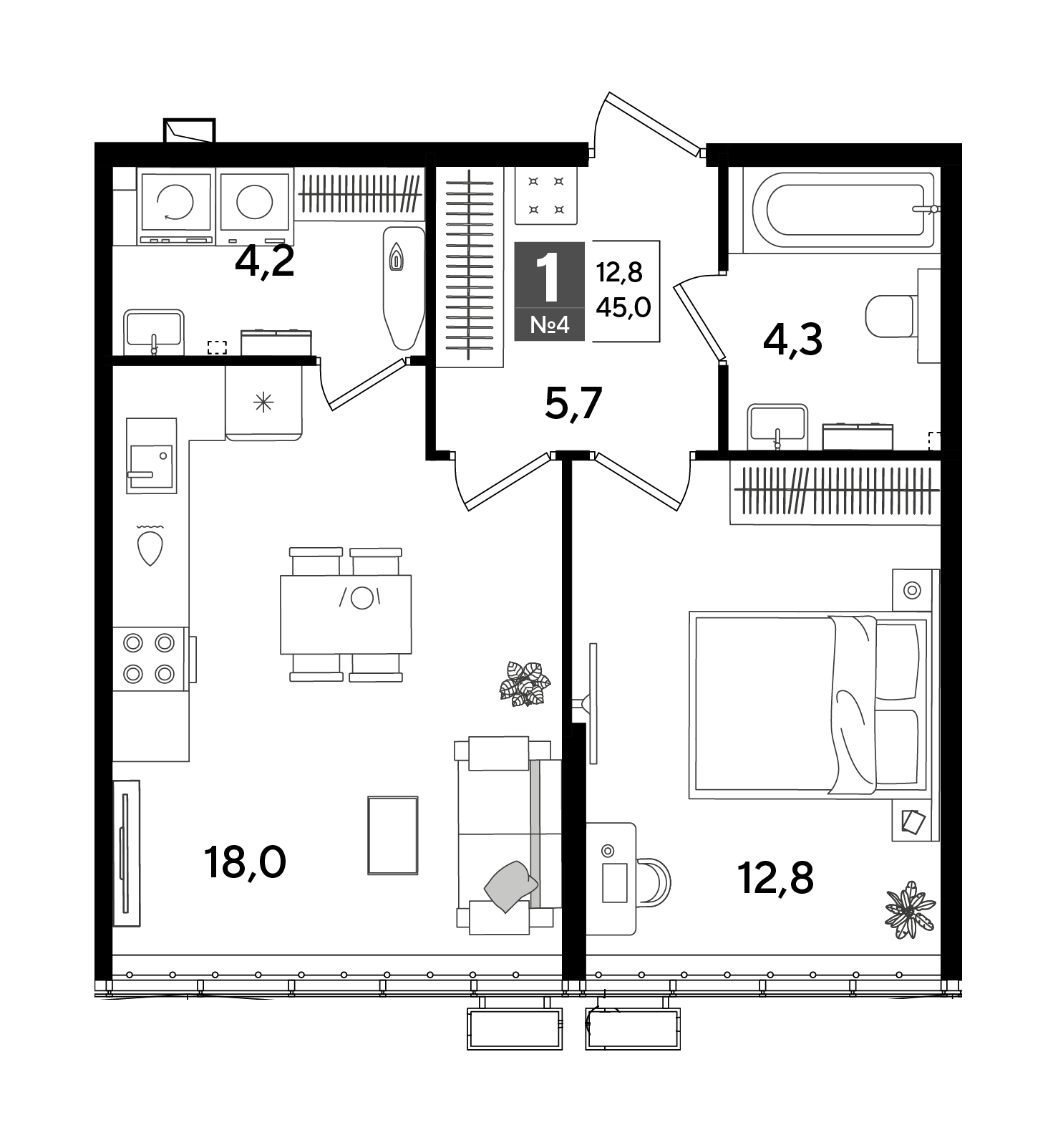 Планировка: 1-комн. квартира 45 м²