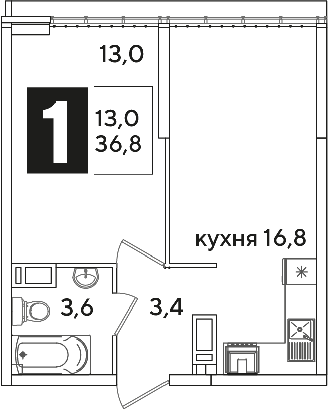 Планировка: 1-комн. квартира 36,8 м²
