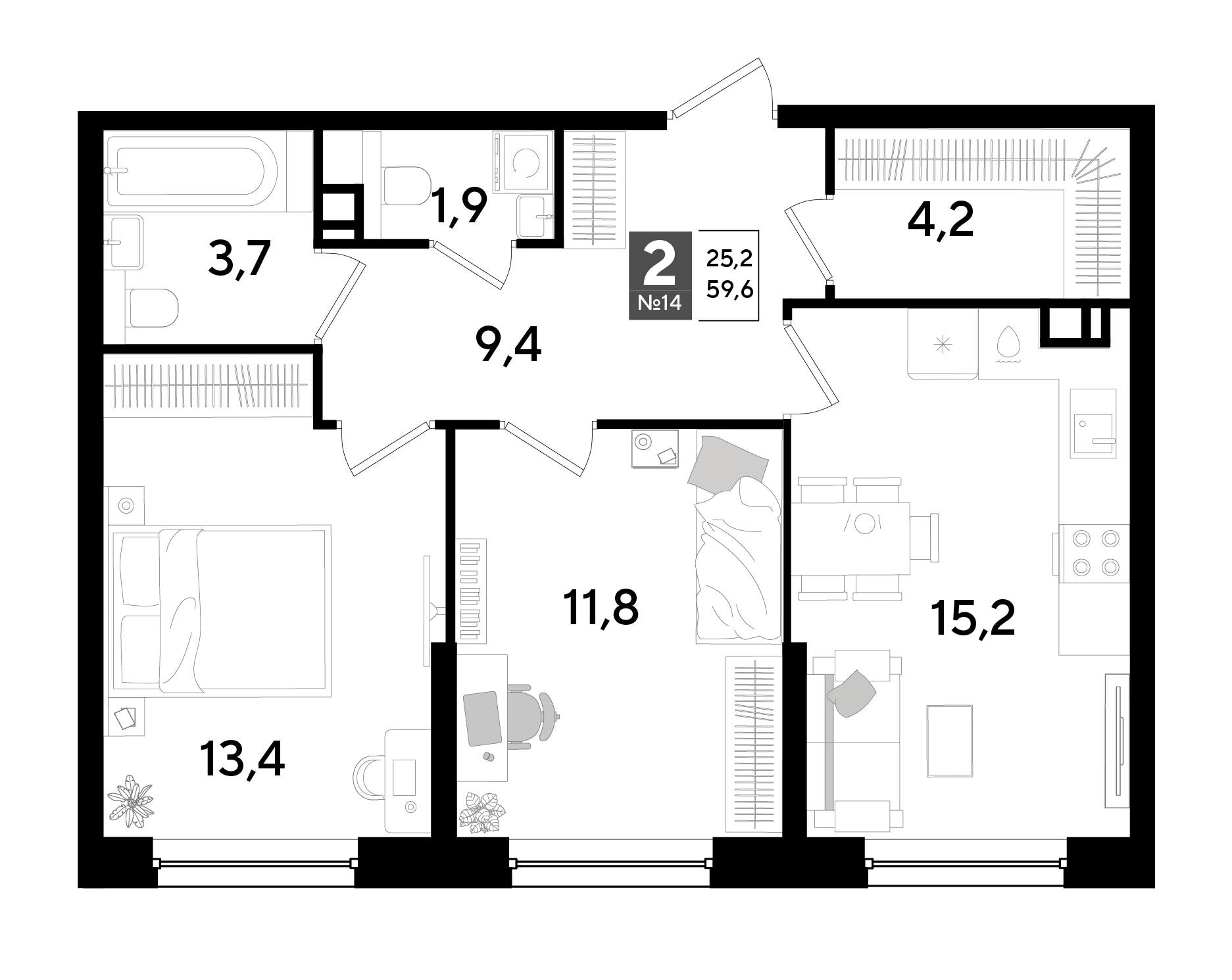 Планировка: 2-комн. квартира 59,6 м²