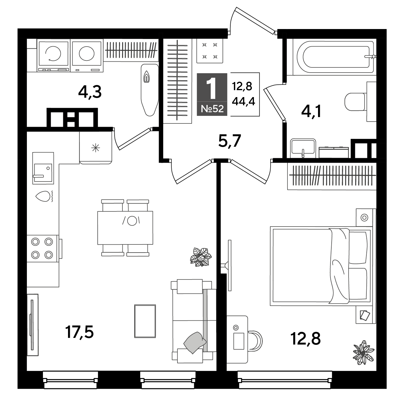 Планировка: 1-комн. квартира 44,4 м²