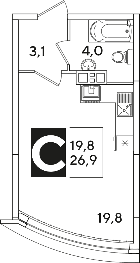 Планировка: Студия 26,9 м²