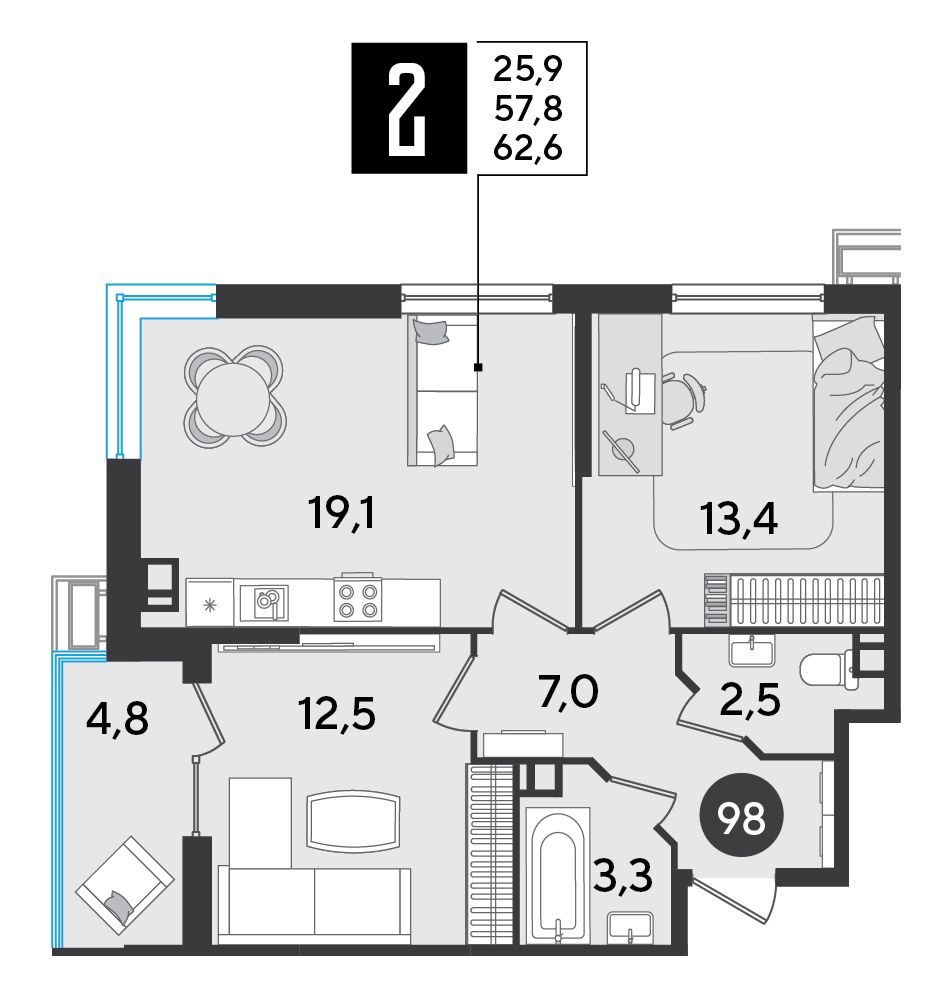 Планировка: 2-комн. квартира 62,6 м²