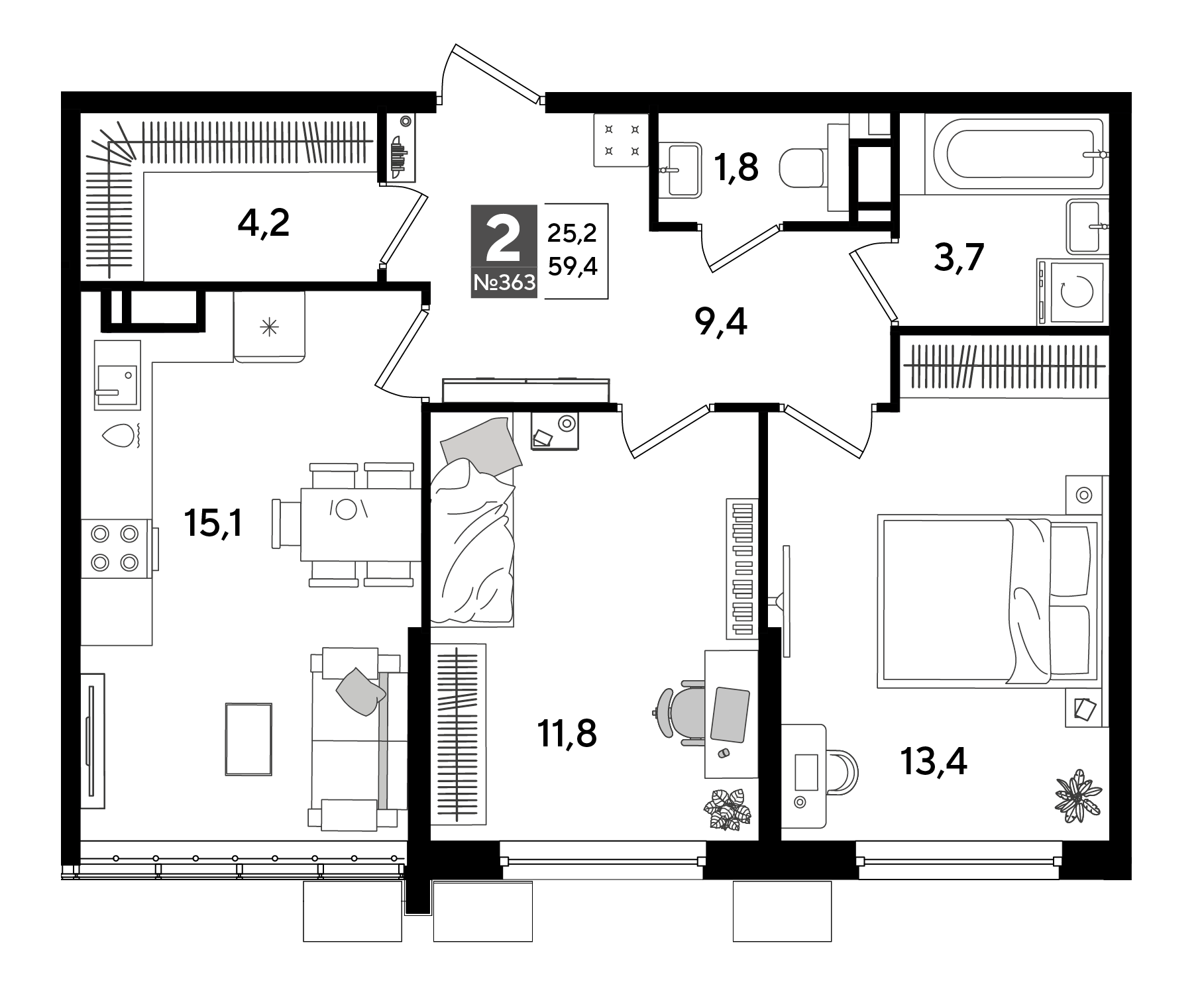 Планировка: 2-комн. квартира 59,4 м²