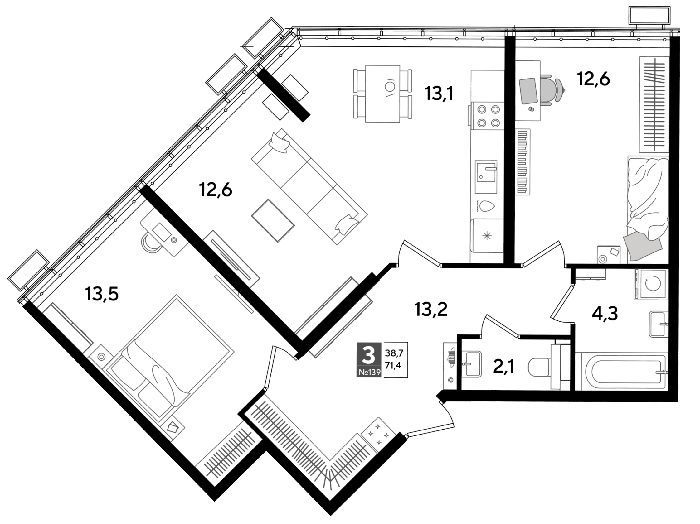 Планировка: 3-комн. квартира 71,4 м²