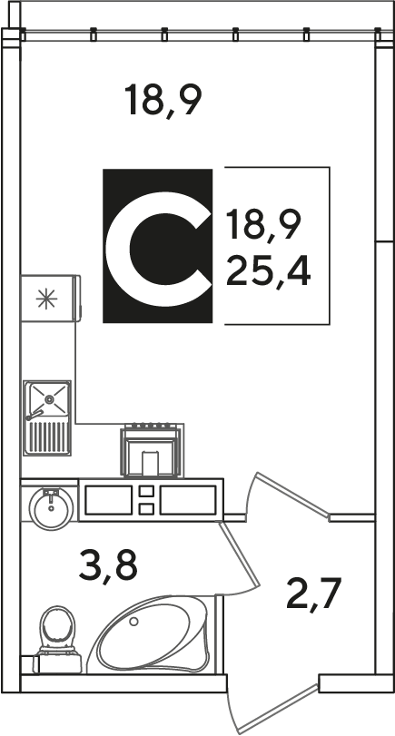 Планировка: Студия 25,4 м²