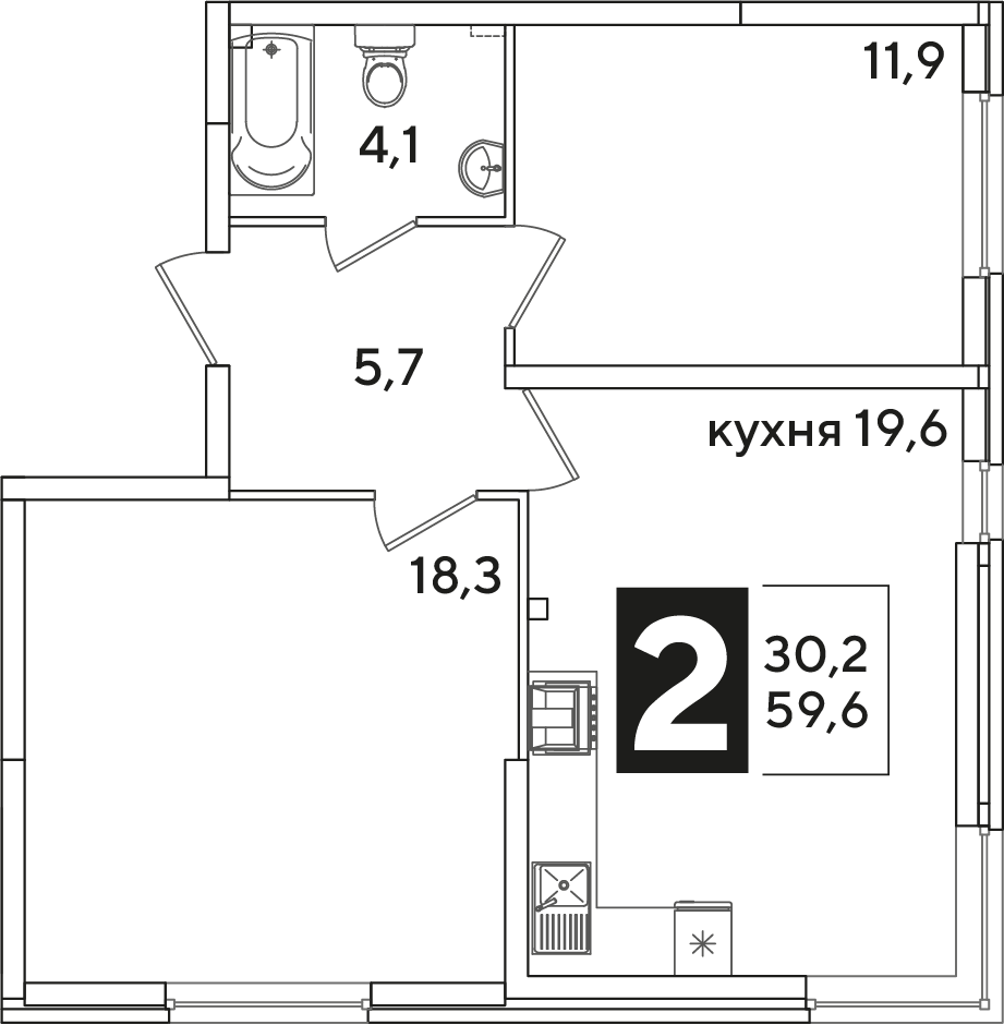 Планировка: 2-комн. квартира 59,6 м²