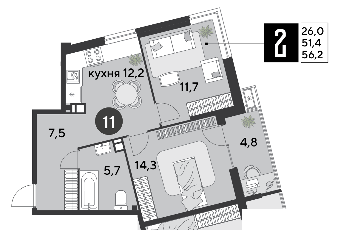 Планировка: 2-комн. квартира 56,2 м²