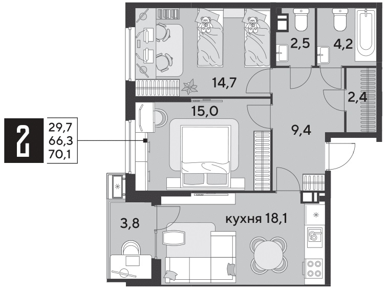 Планировка 2-комнатная 70,1 м²