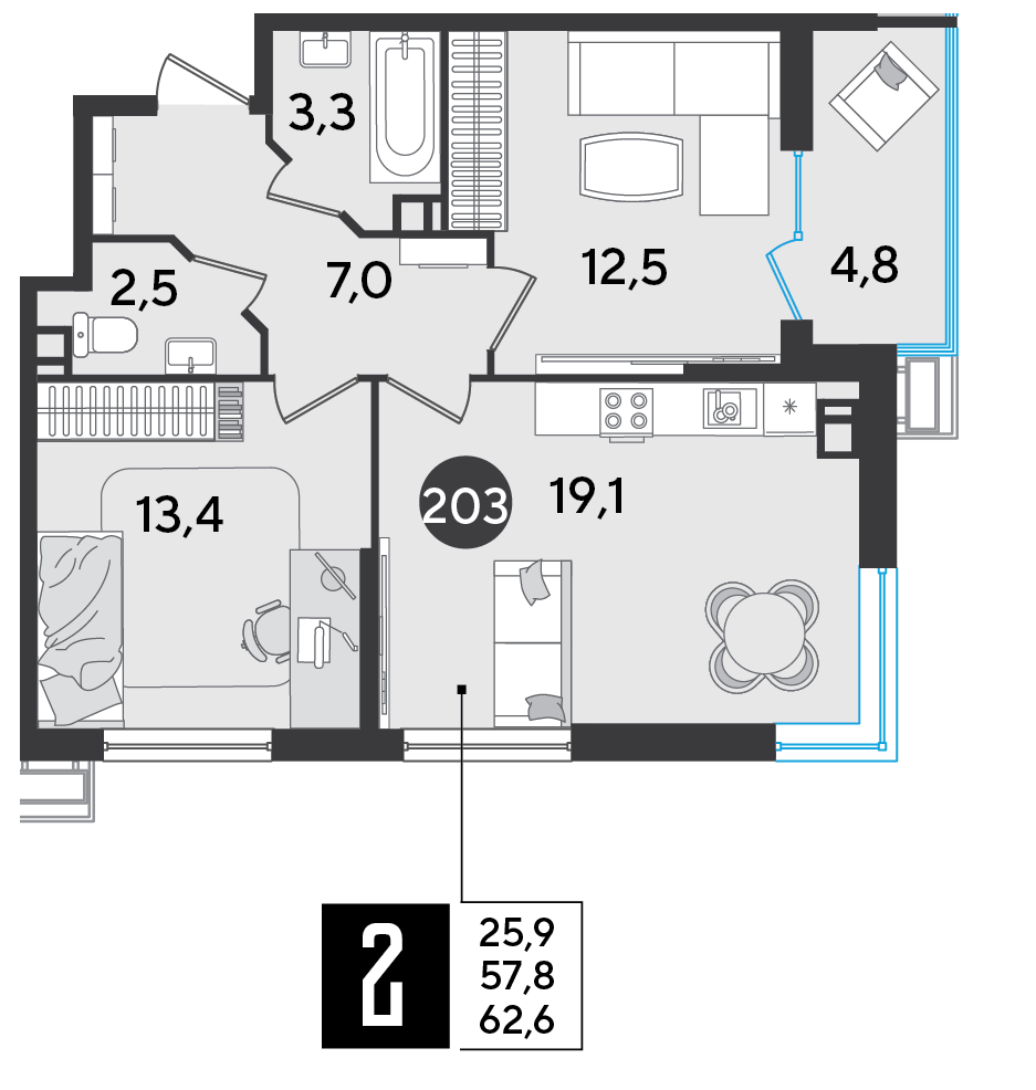 Планировка: 2-комн. квартира 62,6 м²