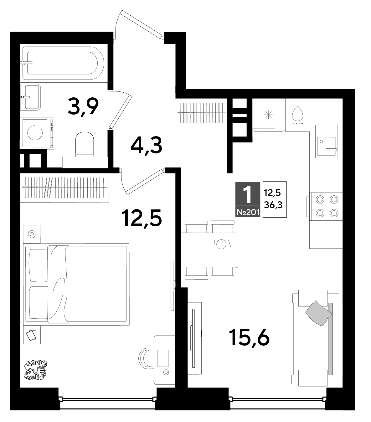 Планировка: 1-комн. квартира 36,3 м²