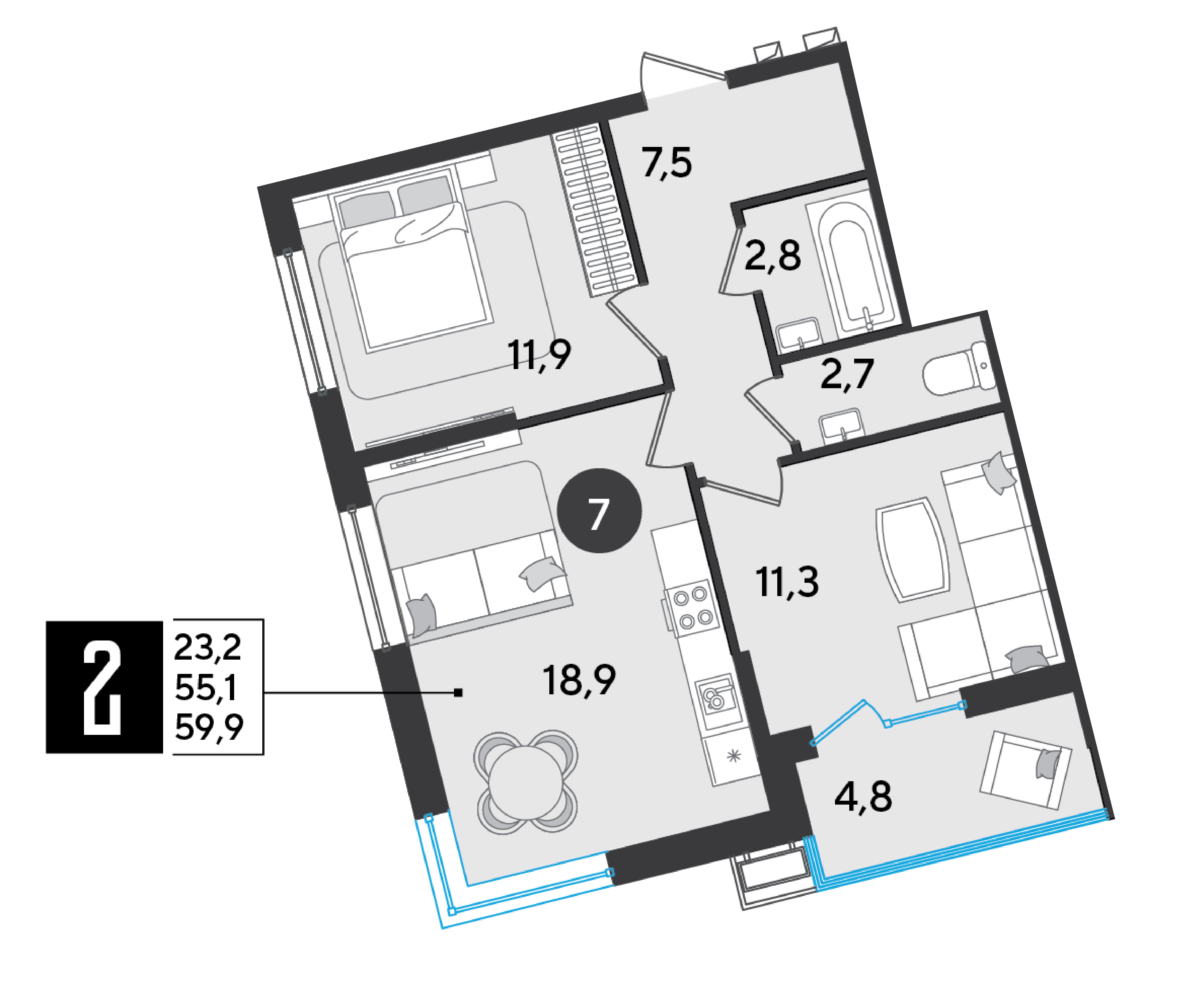 Планировка: 2-комн. квартира 59,9 м²