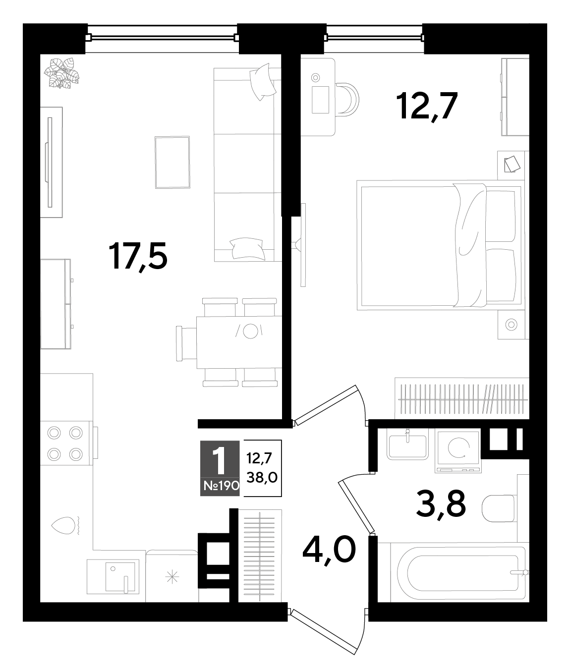 Планировка 1-комнатная 38 м²