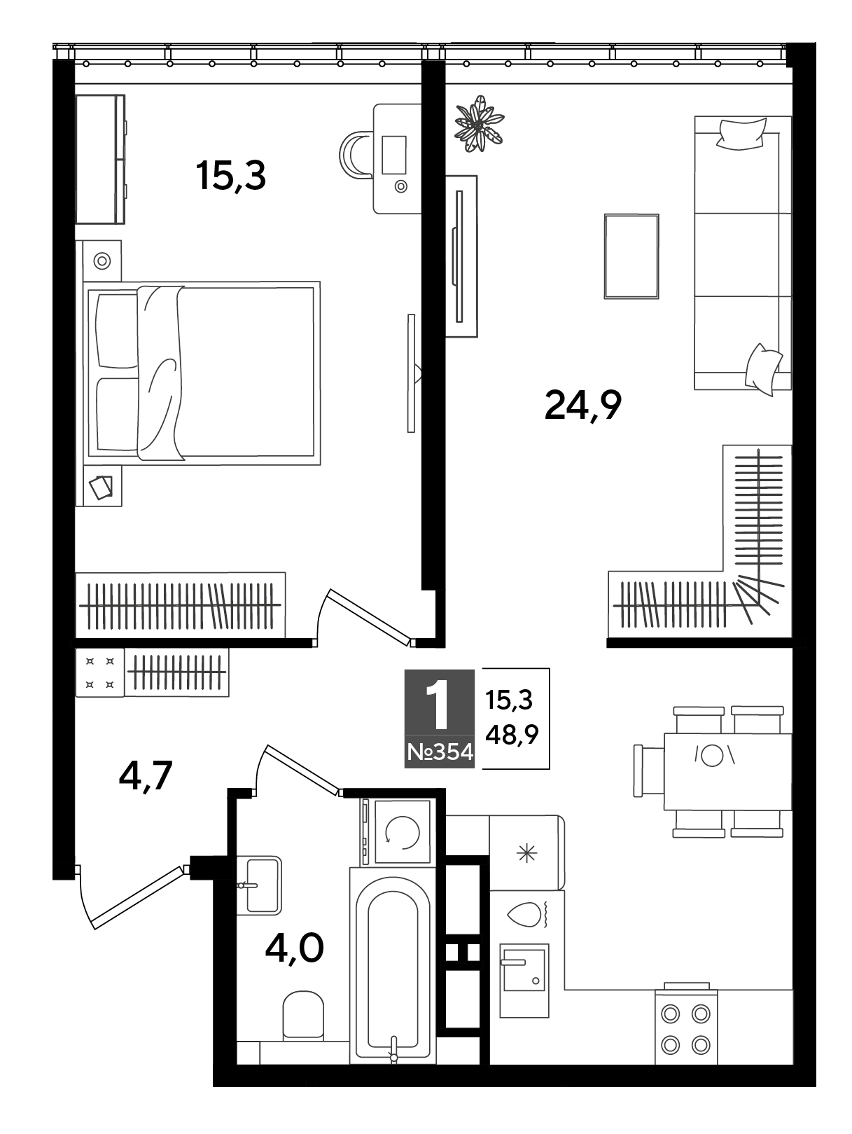 Планировка: 1-комн. квартира 48,9 м²