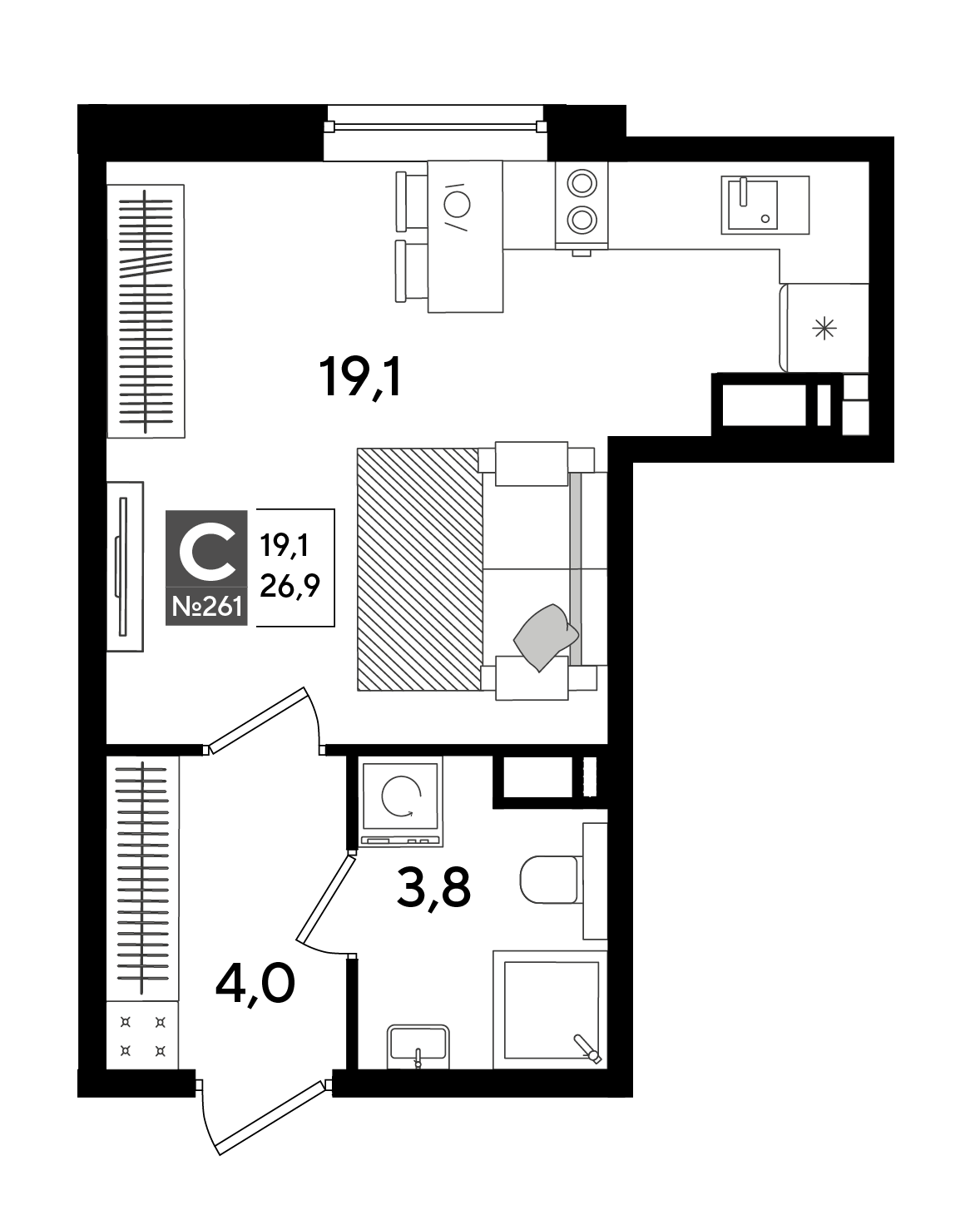 Планировка: Студия 26,9 м²