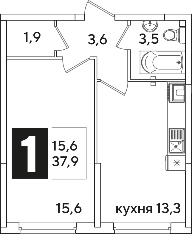 Планировка: 1-комн. квартира 37,9 м²