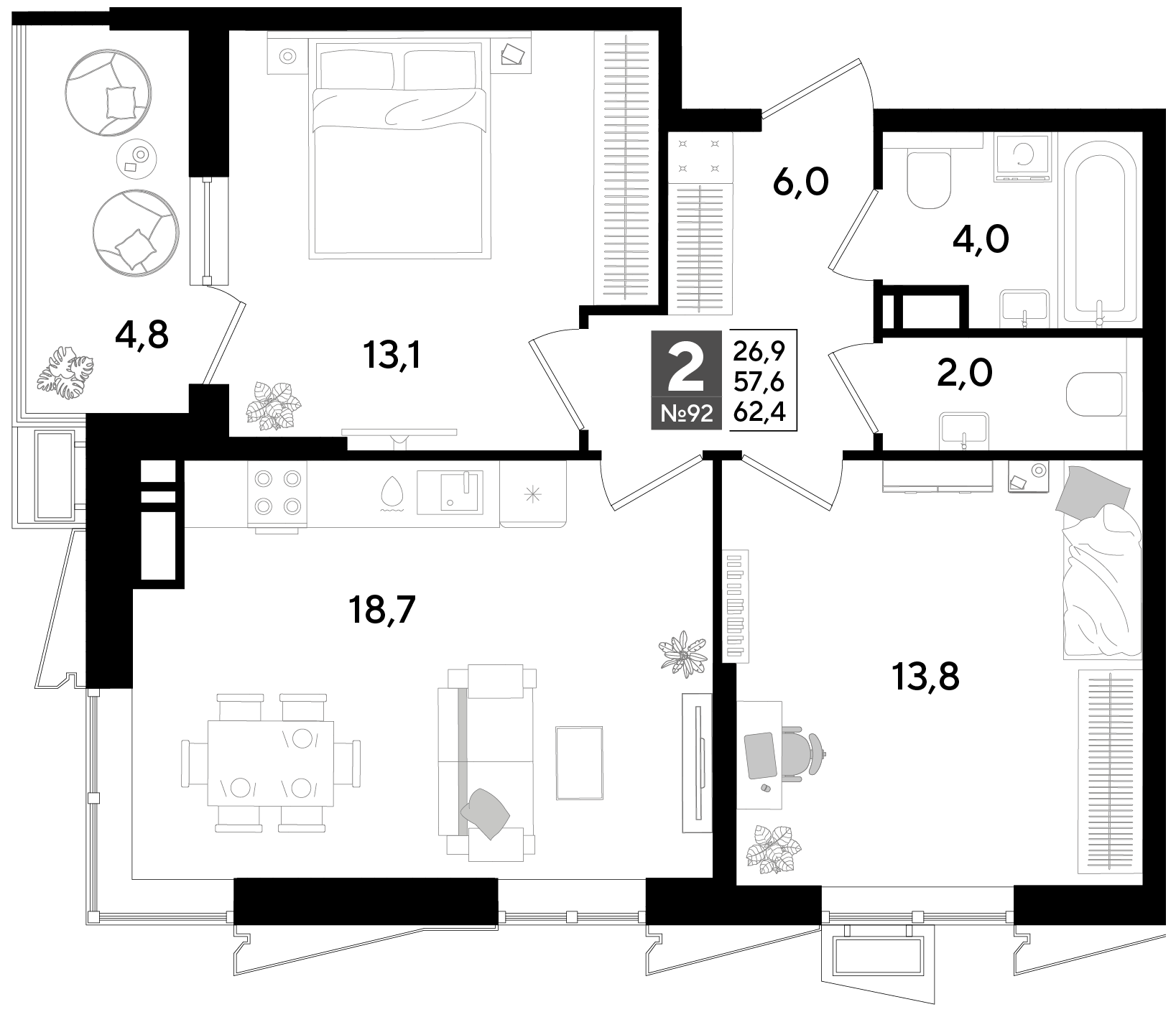 Планировка: 2-комн. квартира 62,4 м²