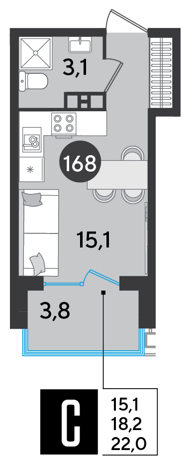Планировка: Студия 22 м²